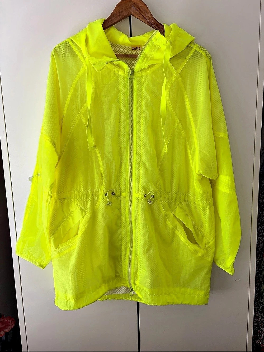 Zella Neon Yellow Hooded Windbreaker Size Medium Like New